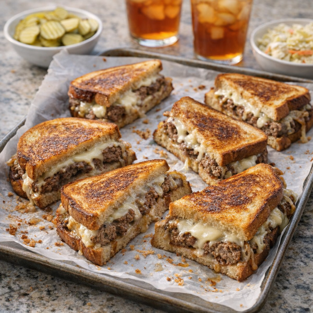 Sheet-pan southern patty melts ready for serving