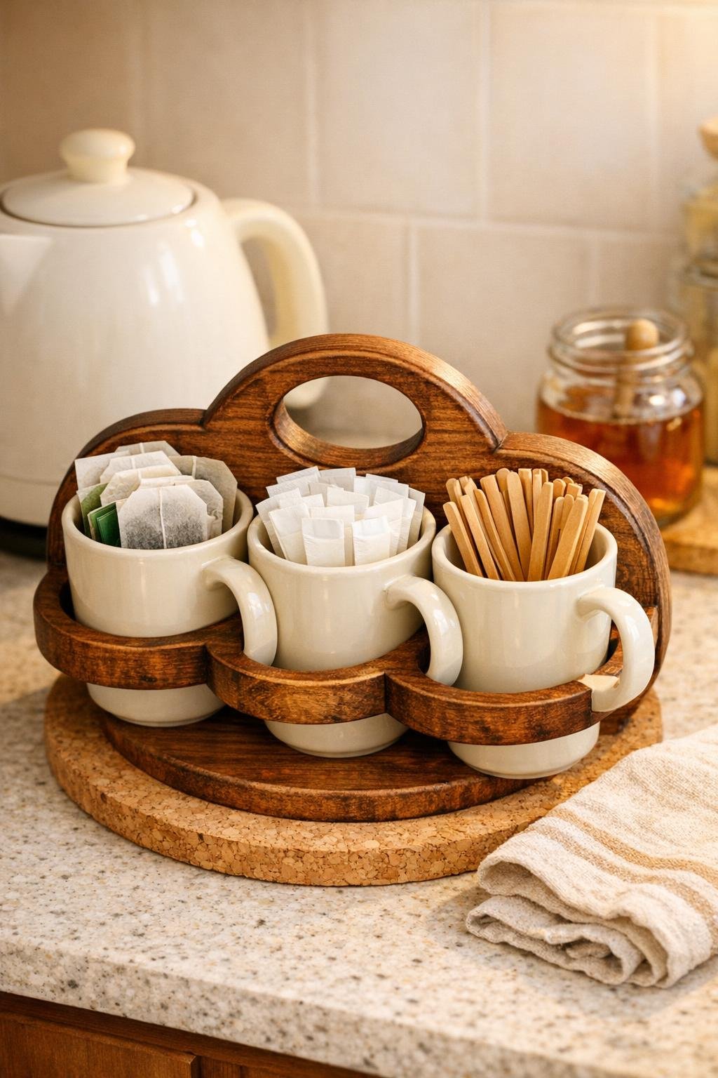 Finished kitchen tea station caddy made from cream-colored ceramic mugs in a rustic wooden wine bottle holder on a round cork trivet