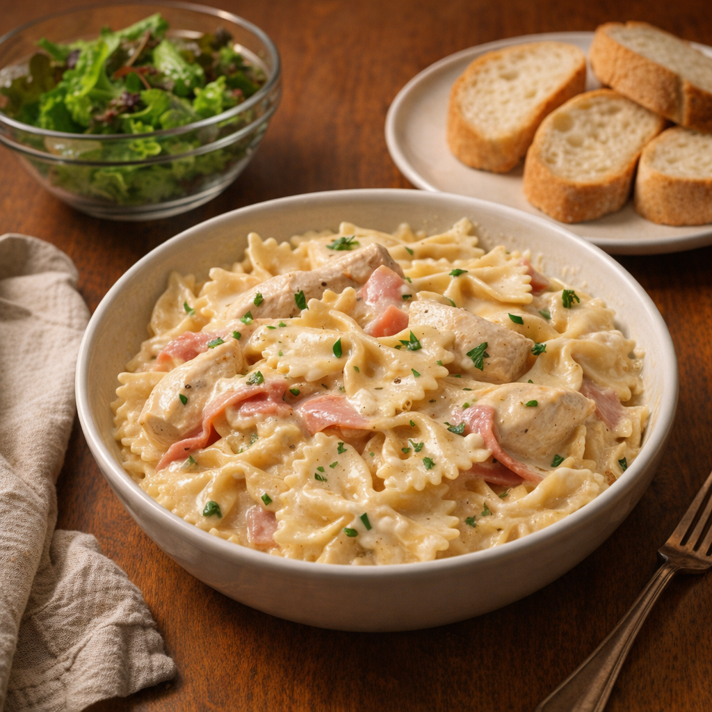 Place setting with pasta, salad, and bread for serving