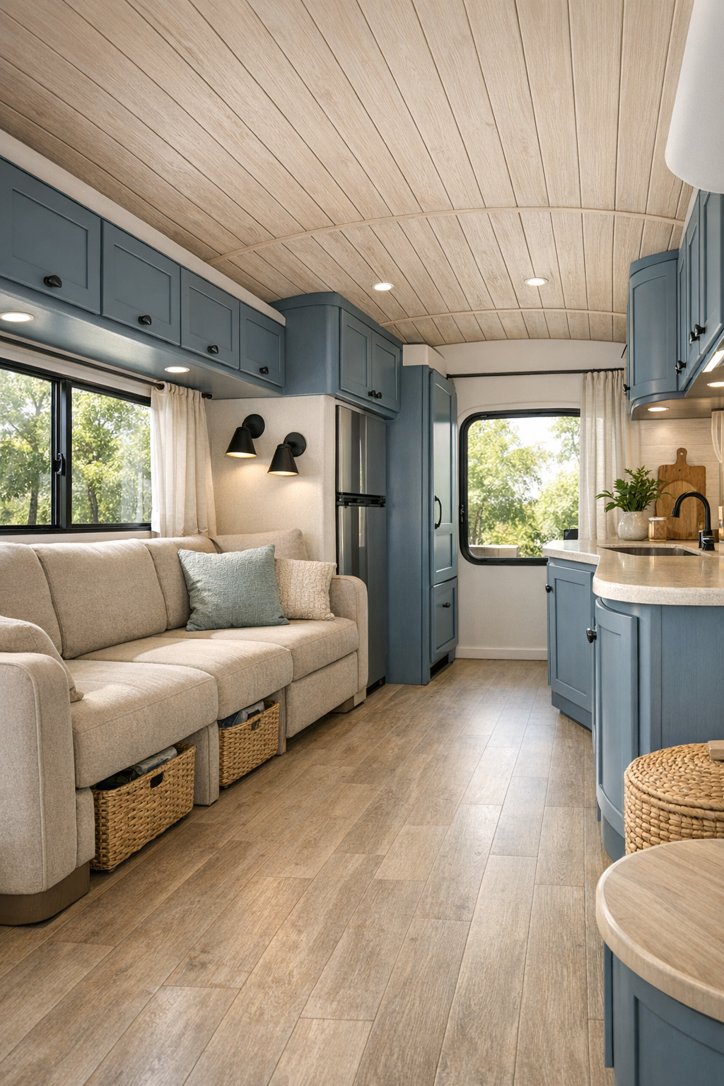 Accessible RV camper living room with beige sofa and ocean blue cabinetry