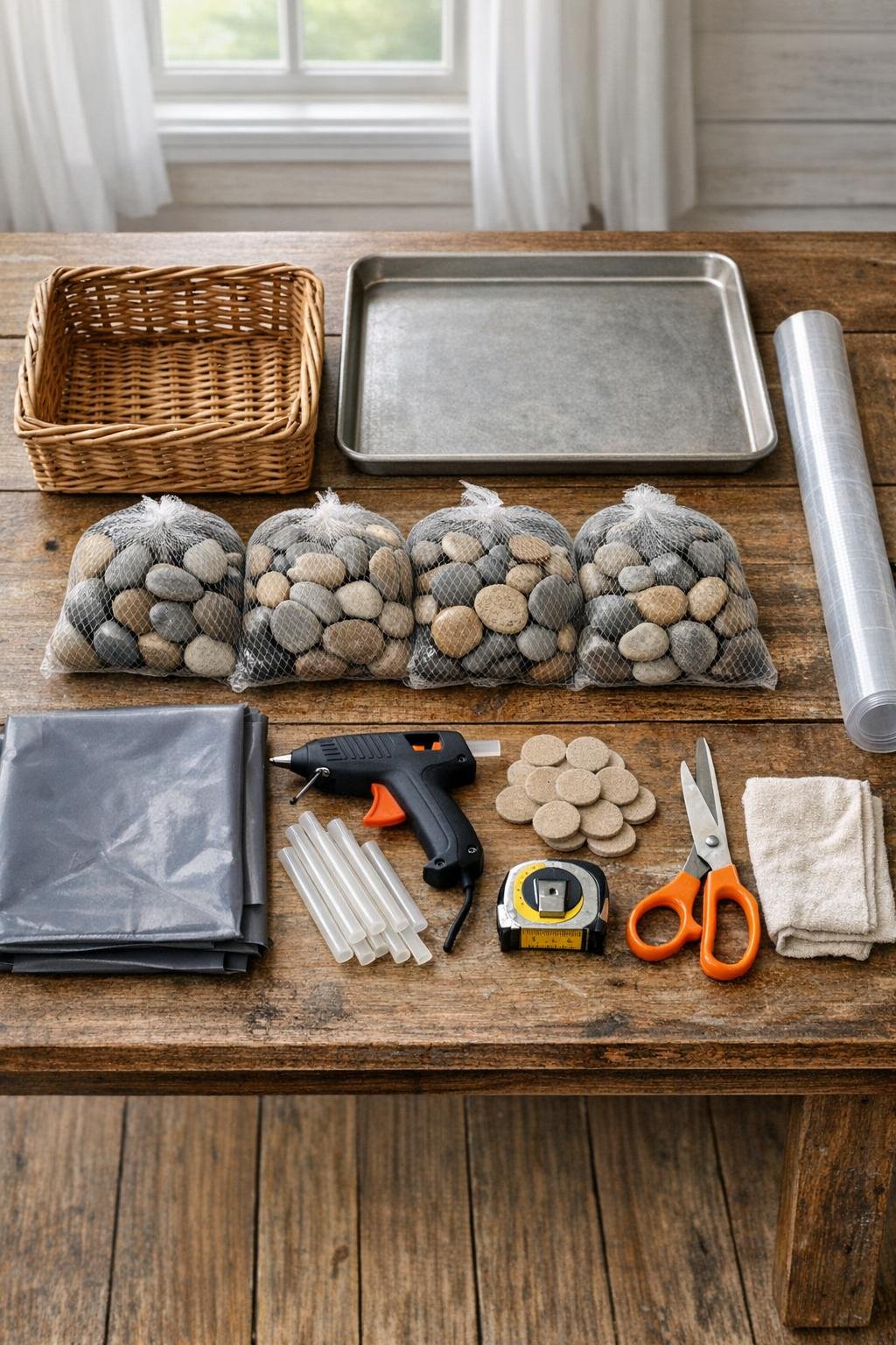 Materials for a wicker basket boot tray laid out together