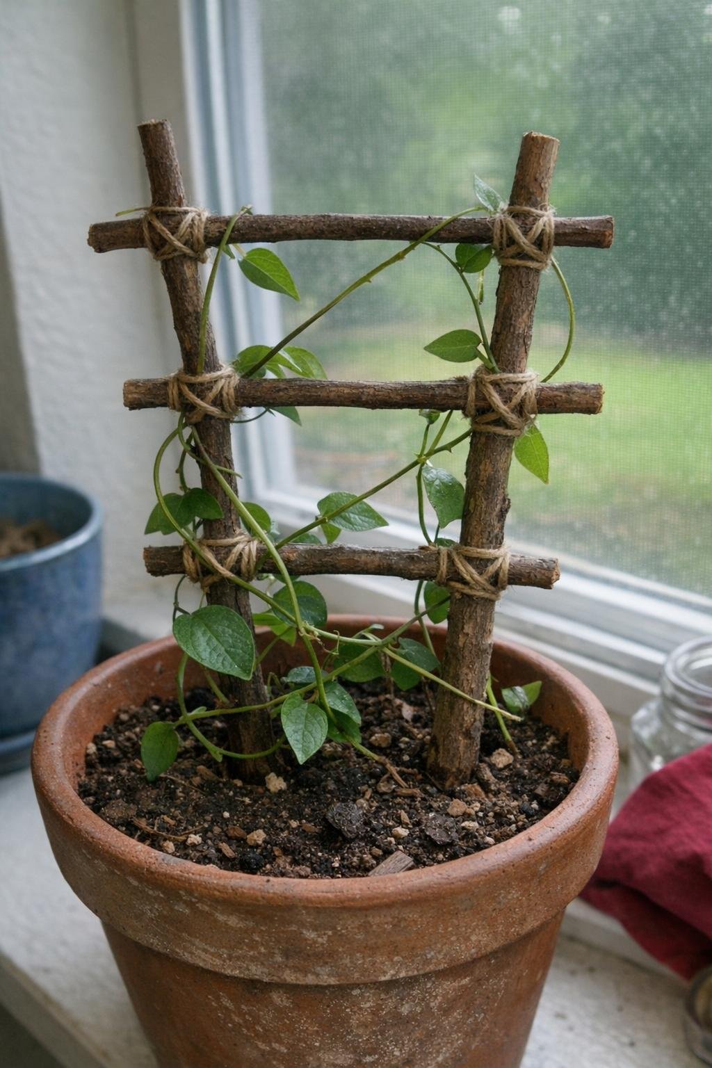 Twig trellis supporting a houseplant
