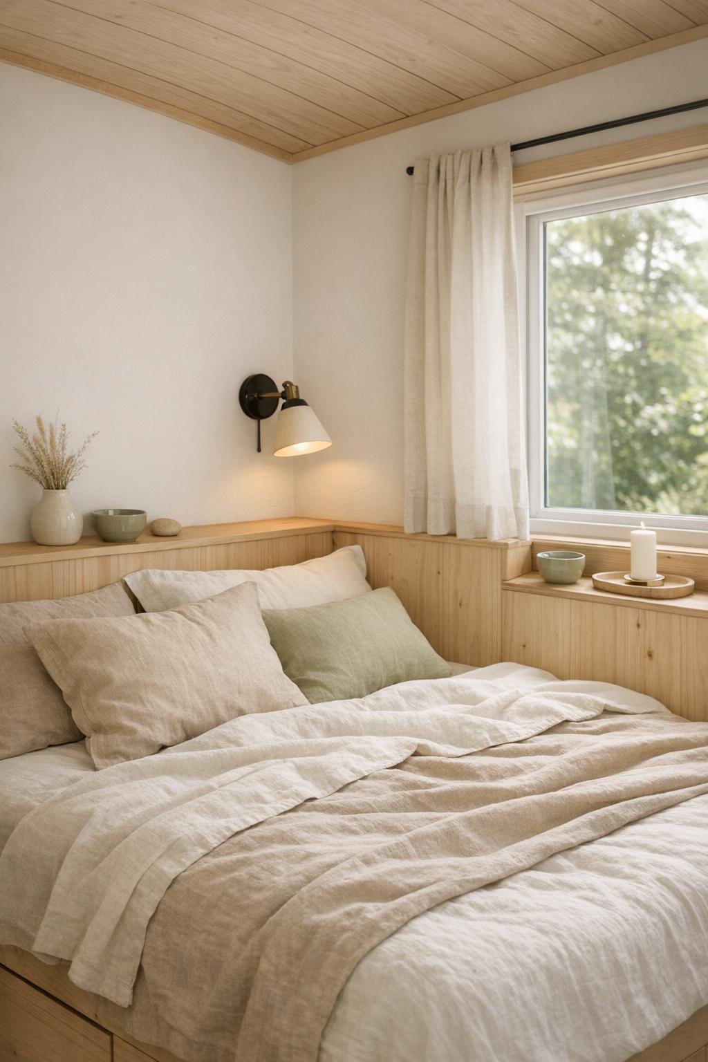 Minimal tiny home bedroom with layered linen bedding and warm wood details