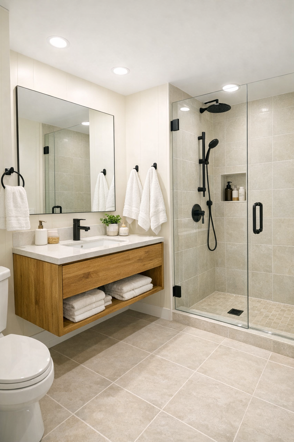 Light bathroom with pale tile, floating wood vanity, and a glass shower