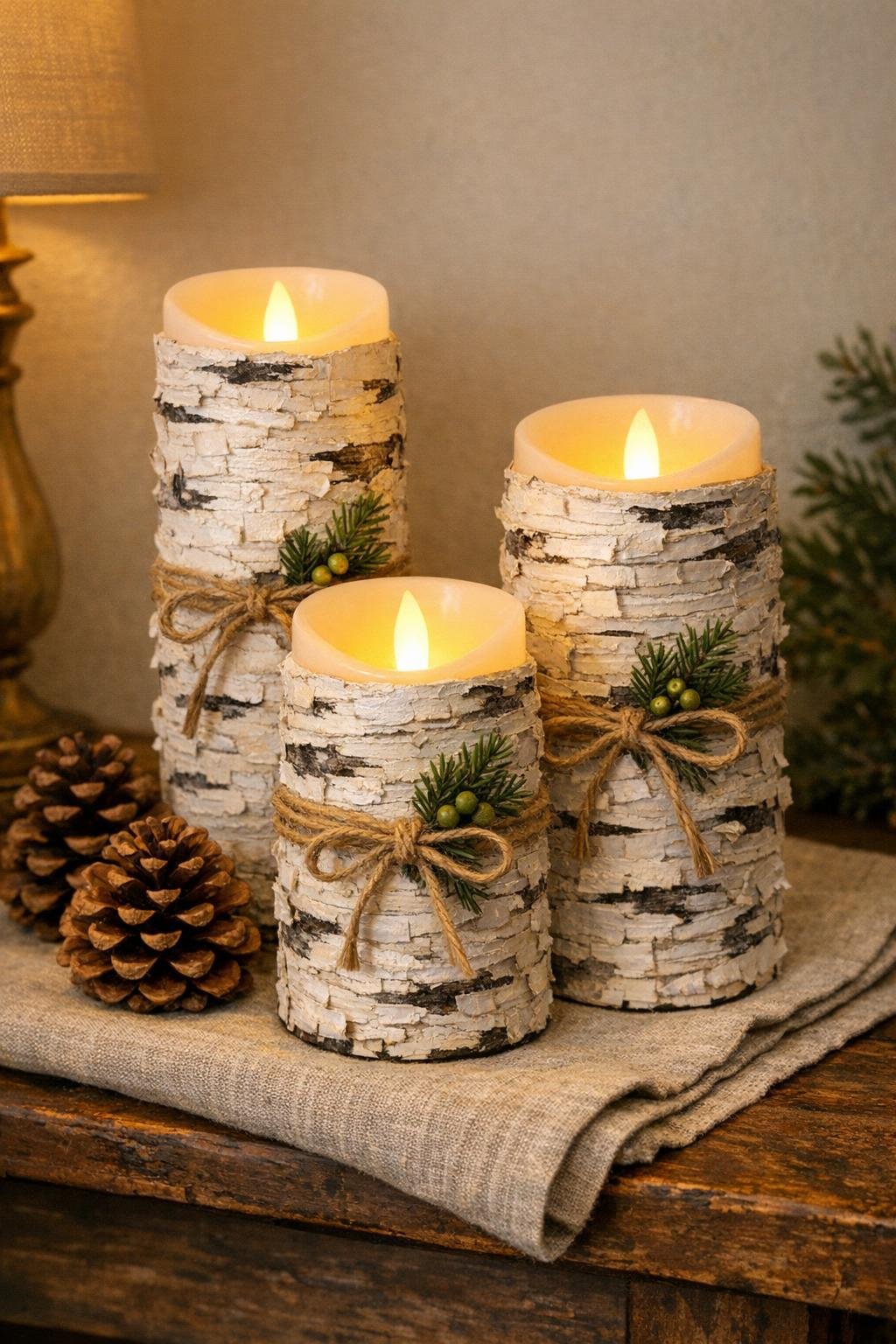 Finished textured birch-look LED pillar candles styled together