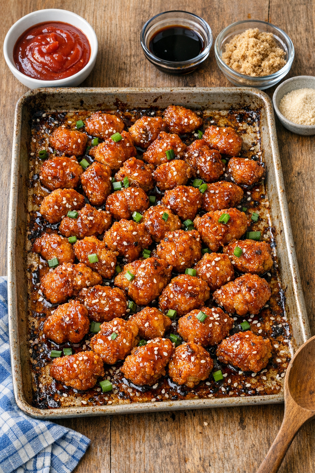 Finished glazed popcorn chicken on a sheet pan