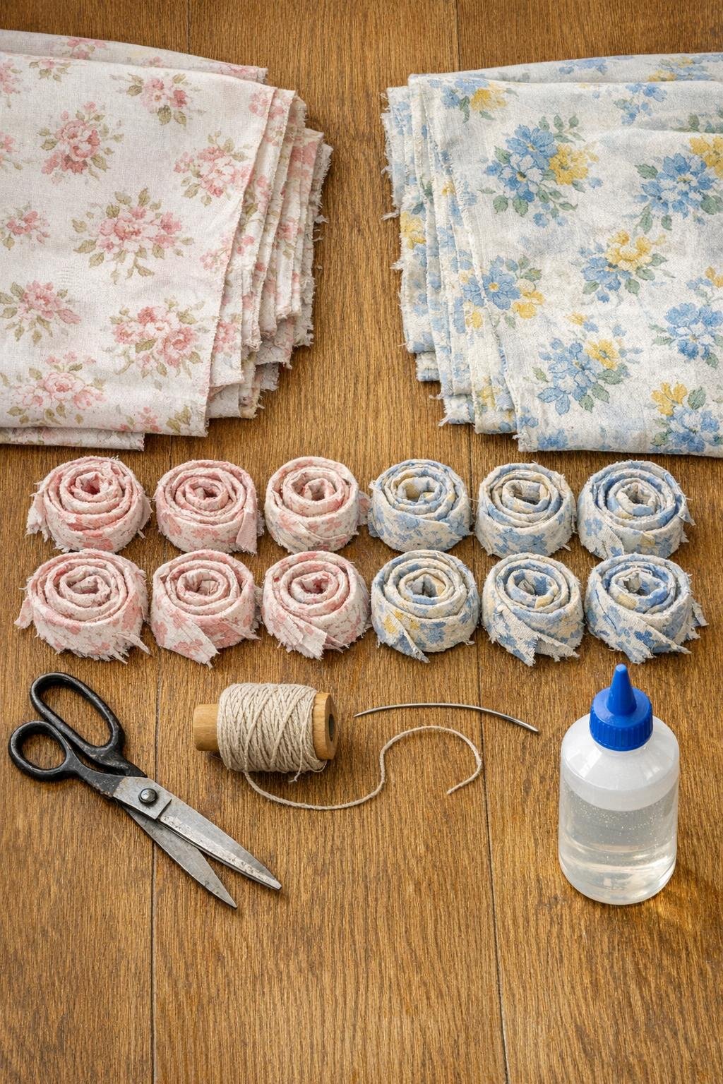 Old bed sheets torn into strips with scissors, heavy thread, fabric glue, and a large needle laid out neatly