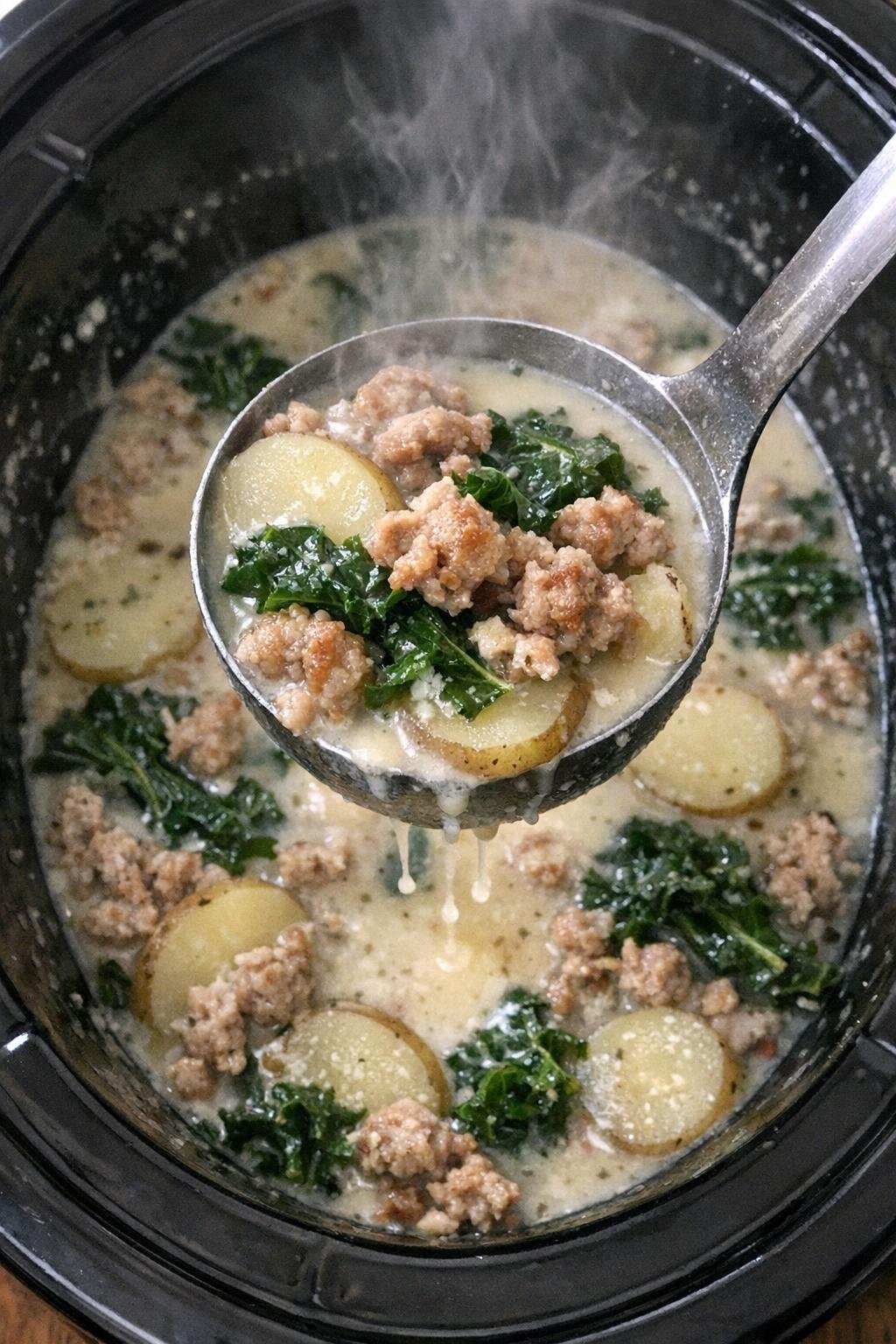 Creamy sausage, potato, and kale soup in a slow cooker