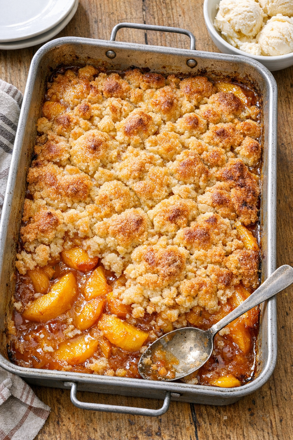 Baked peach dessert in a roasting pan
