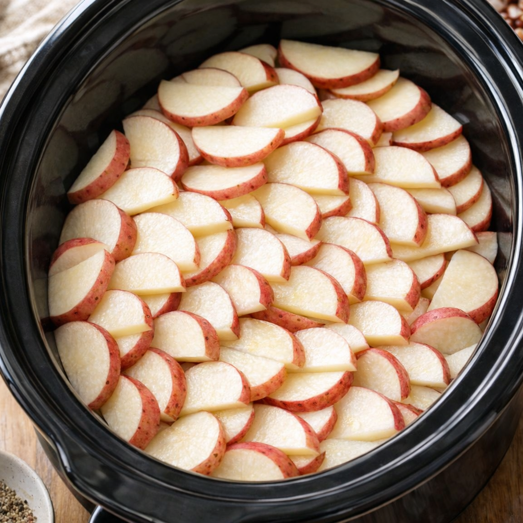 Thinly sliced red potatoes layered in a slow cooker
