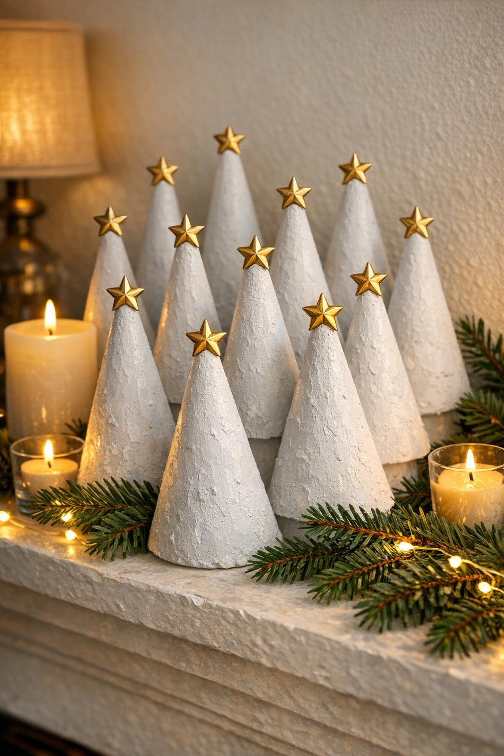 Finished white concrete cone Christmas trees displayed on a holiday mantel