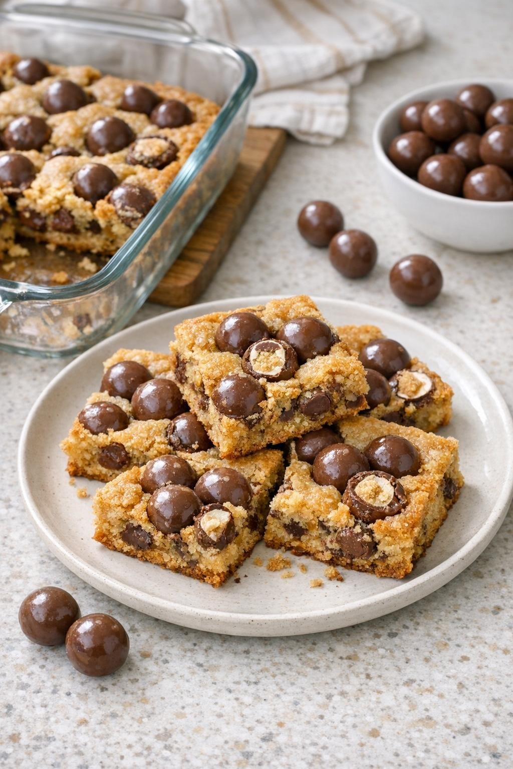 Finished malted milk ball bars on a serving plate