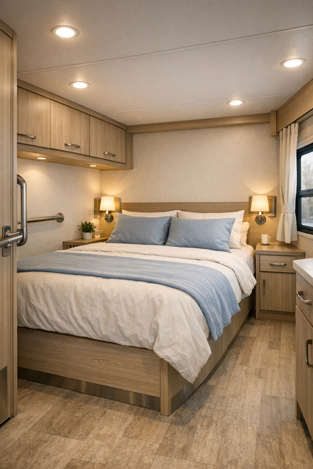 Serene RV camper bedroom with pale wood, soft blue textiles, and integrated storage