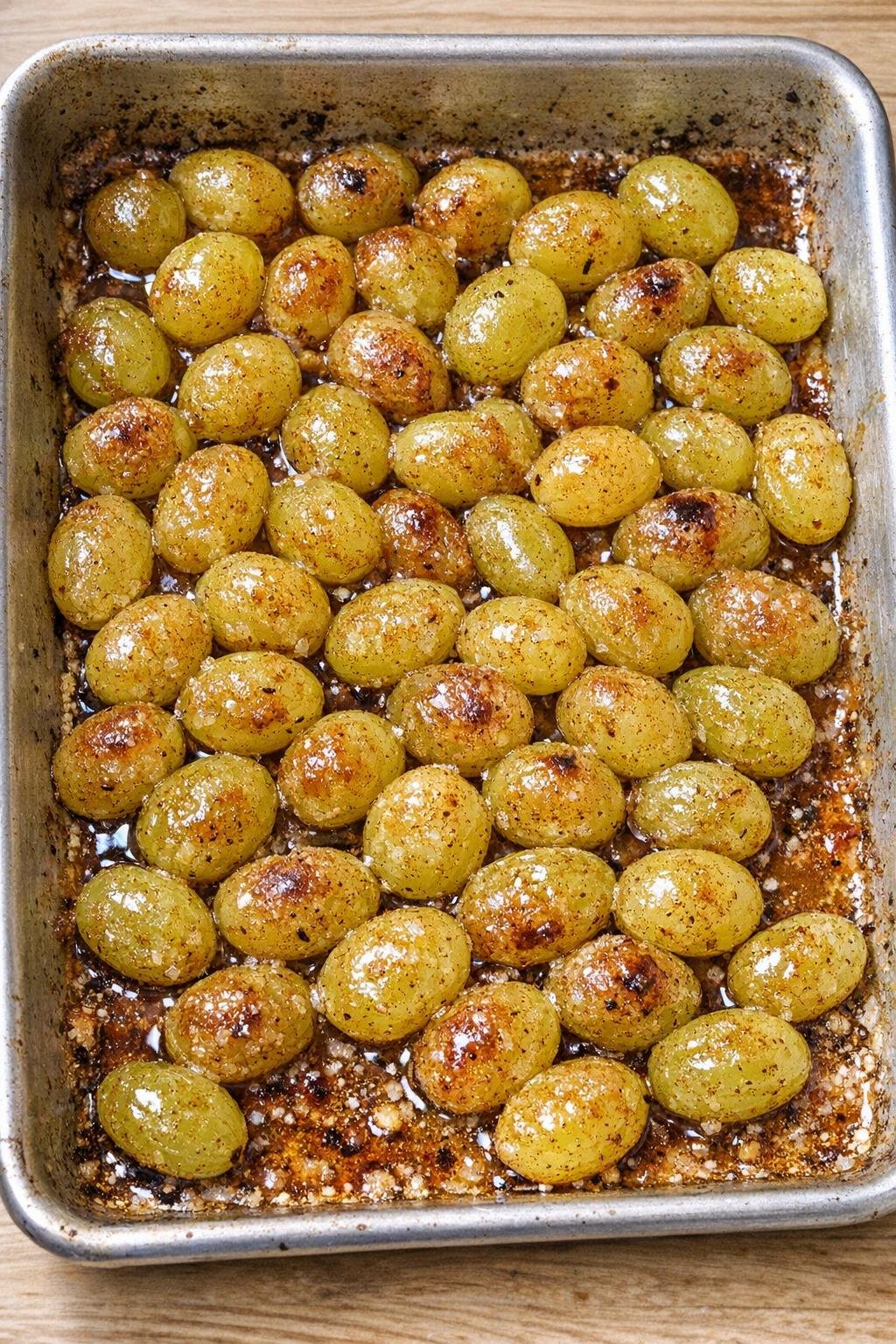 Finished baked green grape dessert in a sheet pan