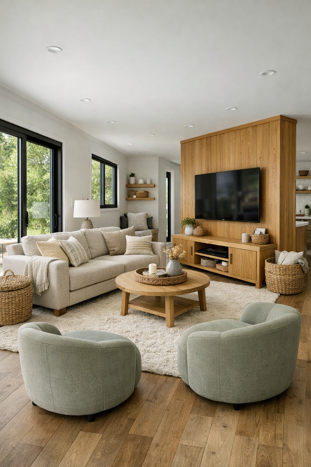 Bright accessible living room with oatmeal seating, oak accents, and soft seafoam details