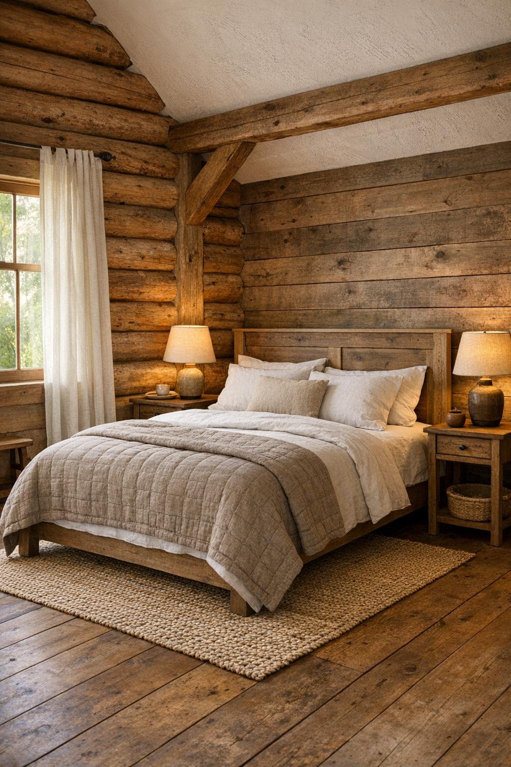 Serene rustic bedroom with layered white and flax bedding, wood walls, and soft window light