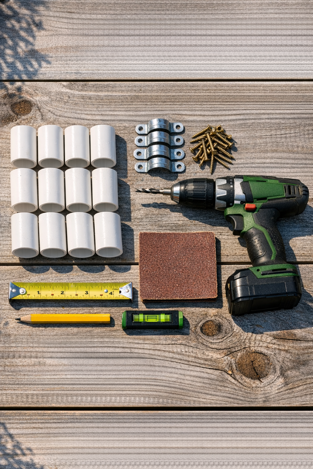Materials for a PVC garden tool holder laid out together