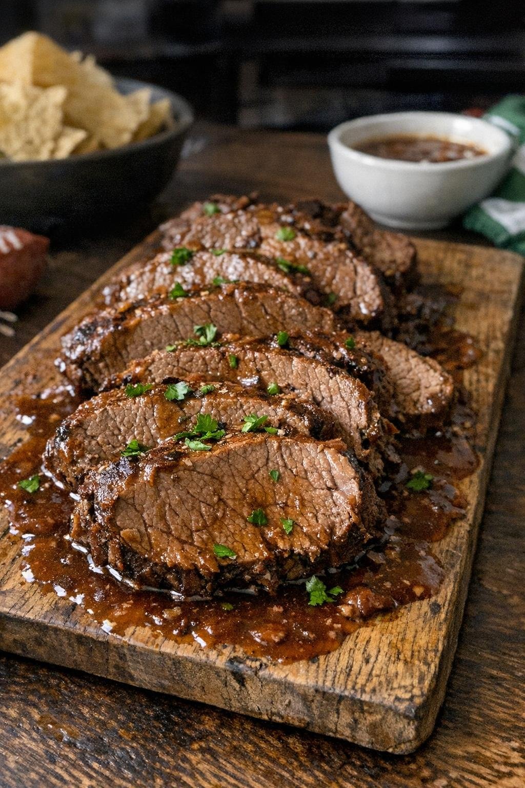 Finished slow cooker eye of round beef plated on a rustic board
