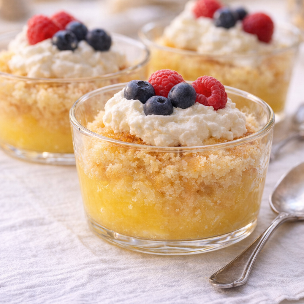 Individual servings of lemon pudding cake in glass dishes