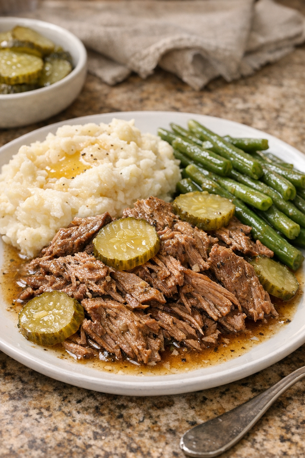 Finished Amish pickle beef plated with potatoes and pickles