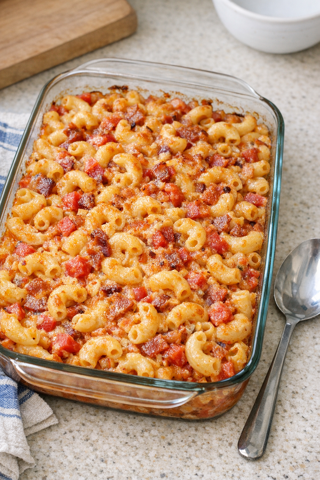 Finished baked bacon tomato macaroni in a casserole dish