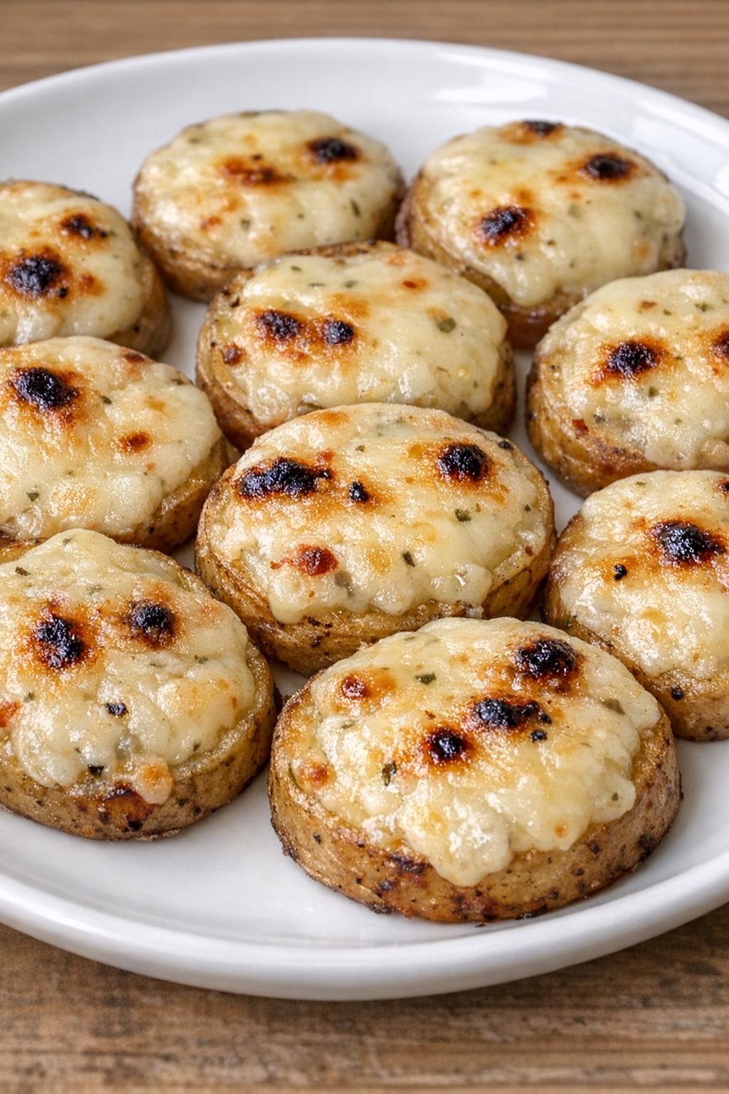 Potato medallions topped with melted pepper jack cheese on a white appetizer plate