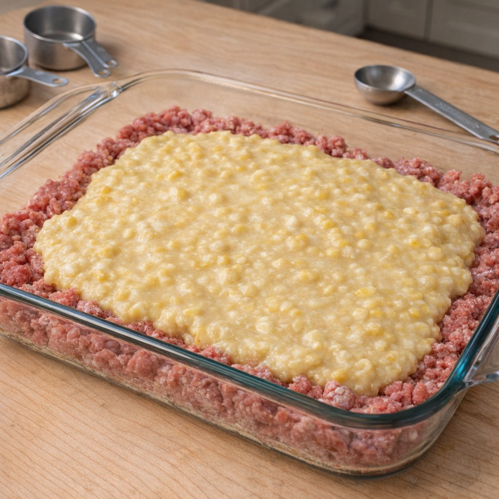 Glass baking dish with layered beef and creamed corn on a kitchen counter