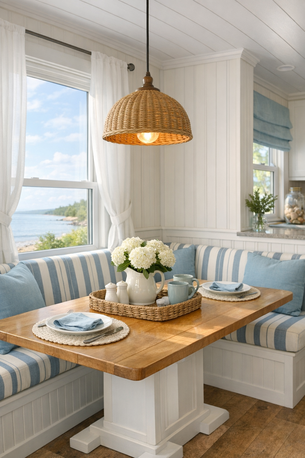 Charming small coastal dining area with wood table, banquette seating, and pendant light