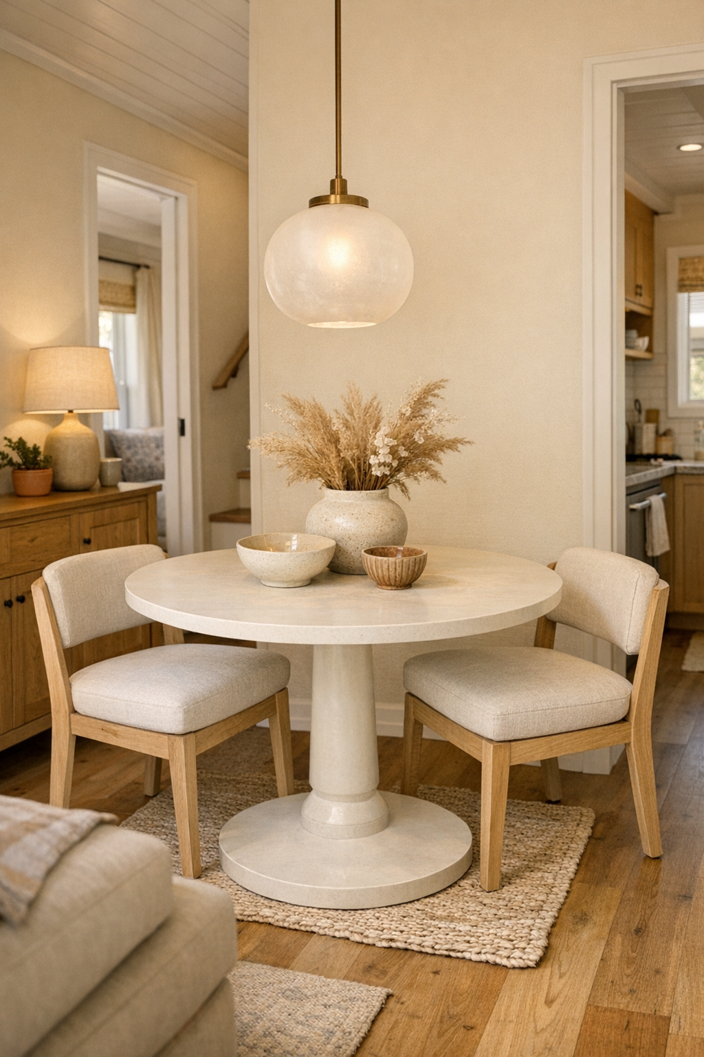 Round dining table in a warm neutral tiny home with soft pendant lighting