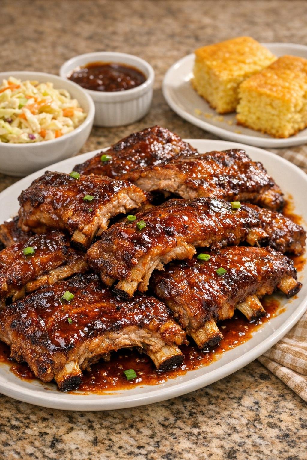 Finished sticky cola ribs plated for serving