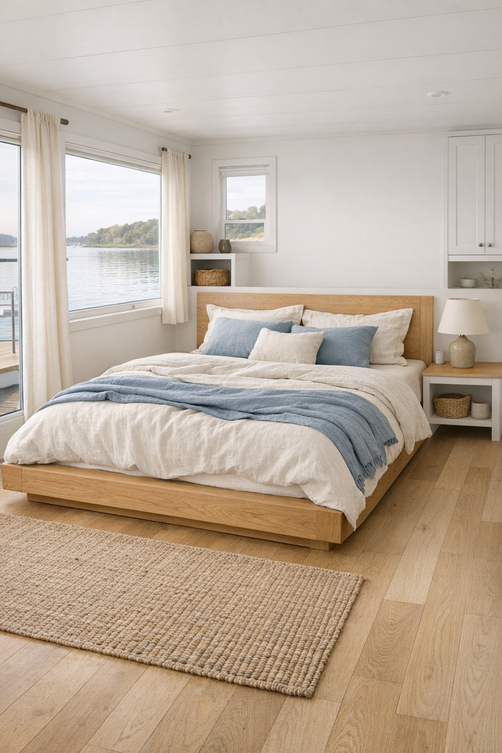 Serene bedroom with a white oak bed, layered linen bedding, and soft blue-gray accents