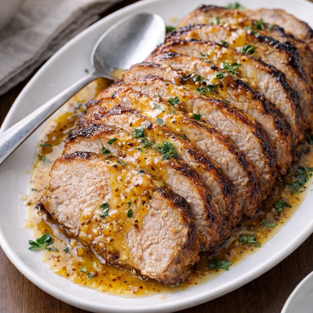 Sliced pork on a serving platter with honey mustard sauce