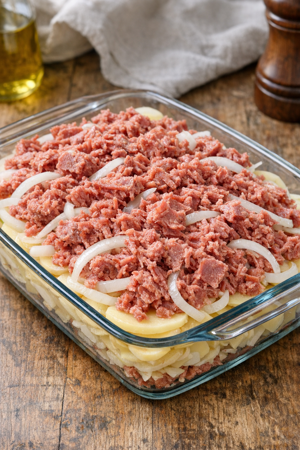 Layered potatoes onions and shredded corned beef in baking dish
