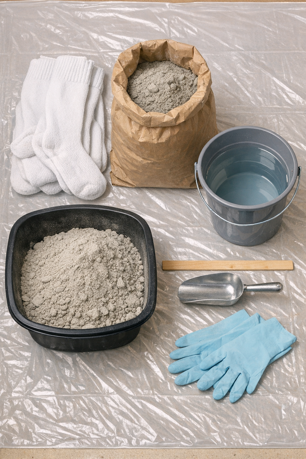 Materials for making segmented yard stones laid out on a work surface
