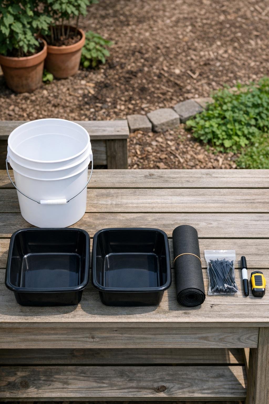 Materials for a deep-root watering reservoir laid out neatly
