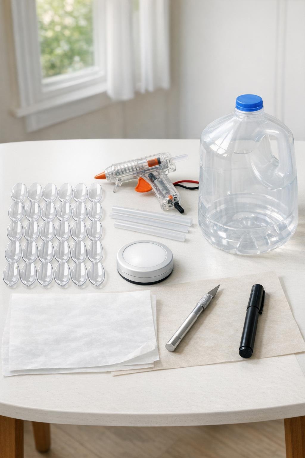Materials for the spoon light project laid out on a table