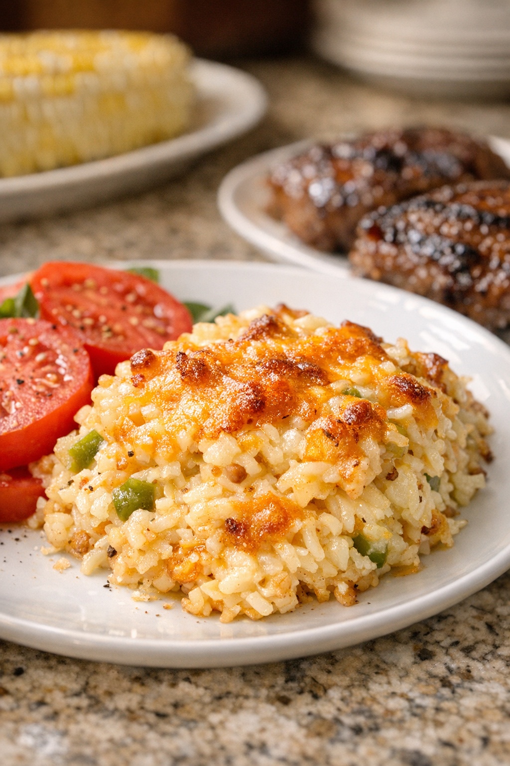 Plated cheesy hash brown casserole with cookout sides
