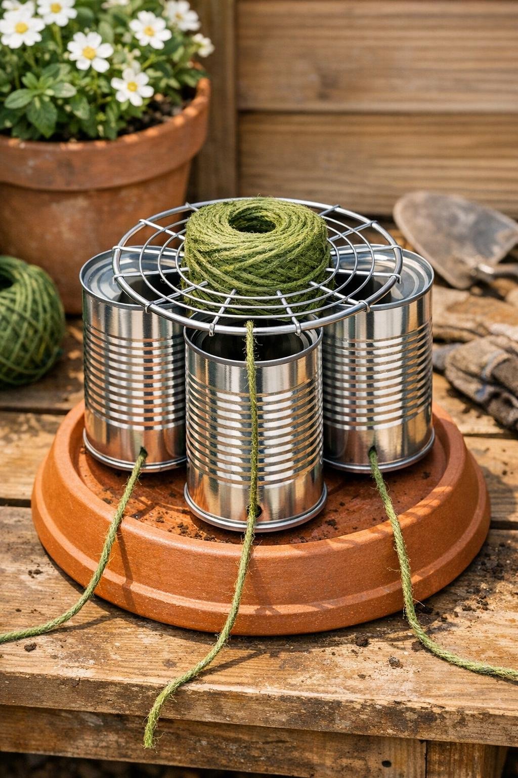 Finished garden twine dispenser made from aluminum soup cans
