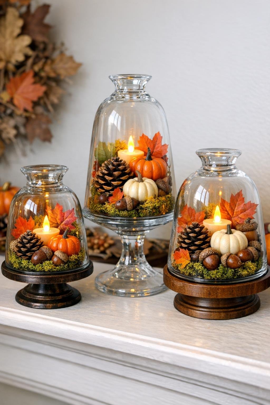 Three finished fall cloche displays made from upside-down glass vases