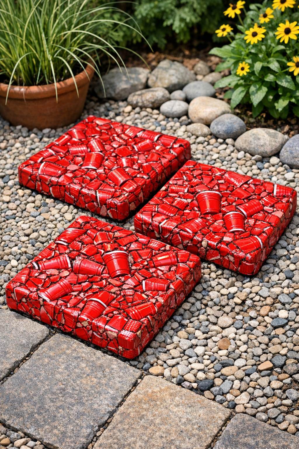 Completed red plastic patio pavers arranged outdoors