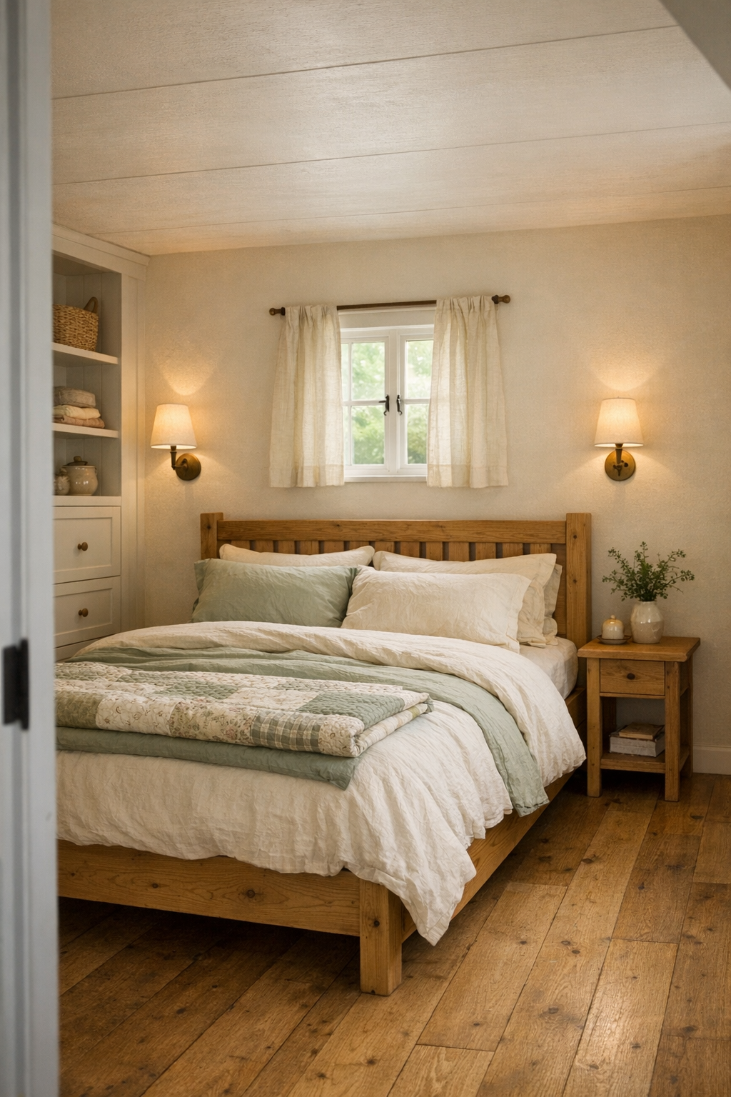 Peaceful tiny farmhouse bedroom with layered neutral bedding and a simple wood bed