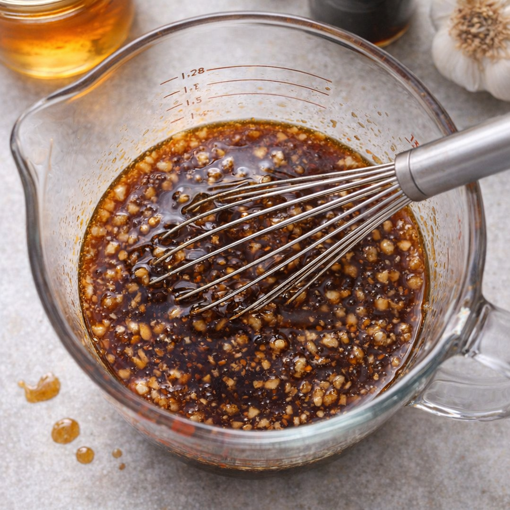 Honey garlic sauce being whisked in a glass measuring cup