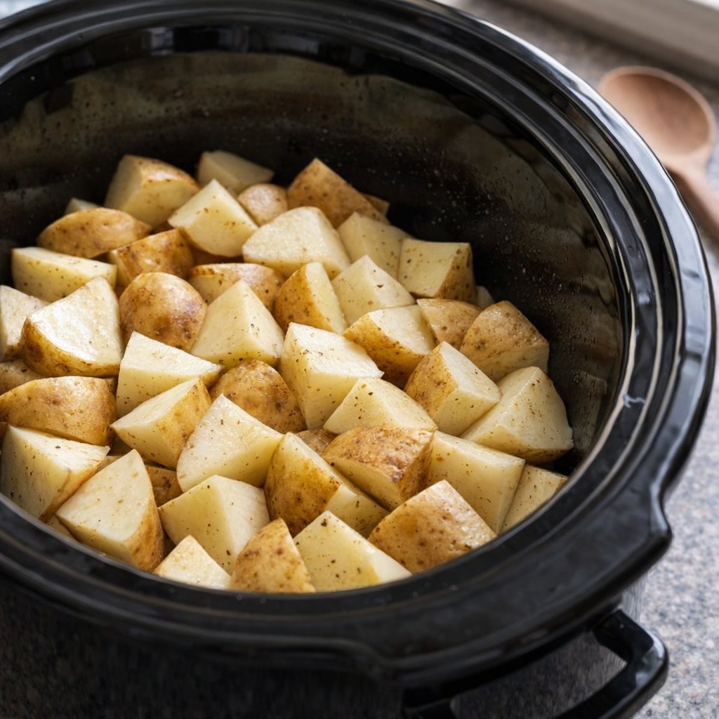 Quartered potatoes layered in the bottom of a slow cooker