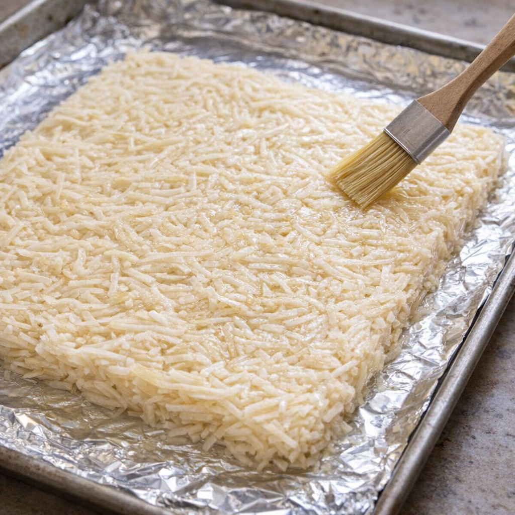 Raw potato pancake mixture pressed onto a foil-lined pan