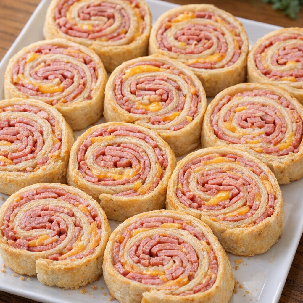 Warm corned beef and Colby pinwheels on a white platter