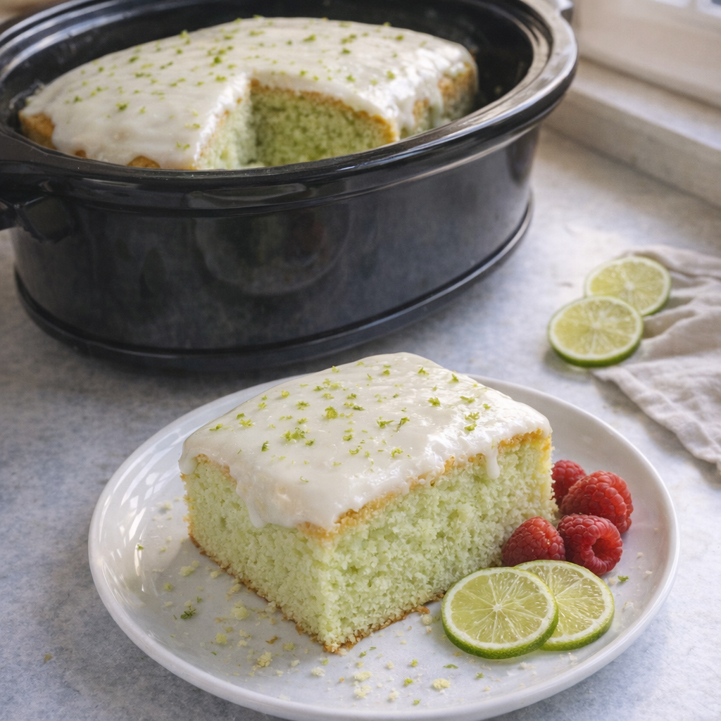 Slow cooker key lime cake sliced on a white plate