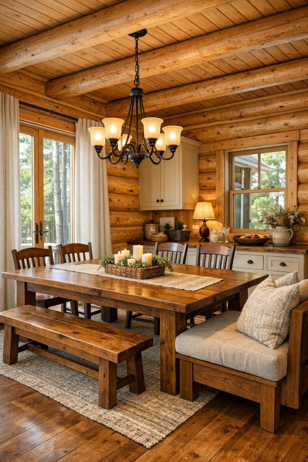 Rustic refined dining room with solid wood table, Amish-style chairs, and warm chandelier lighting
