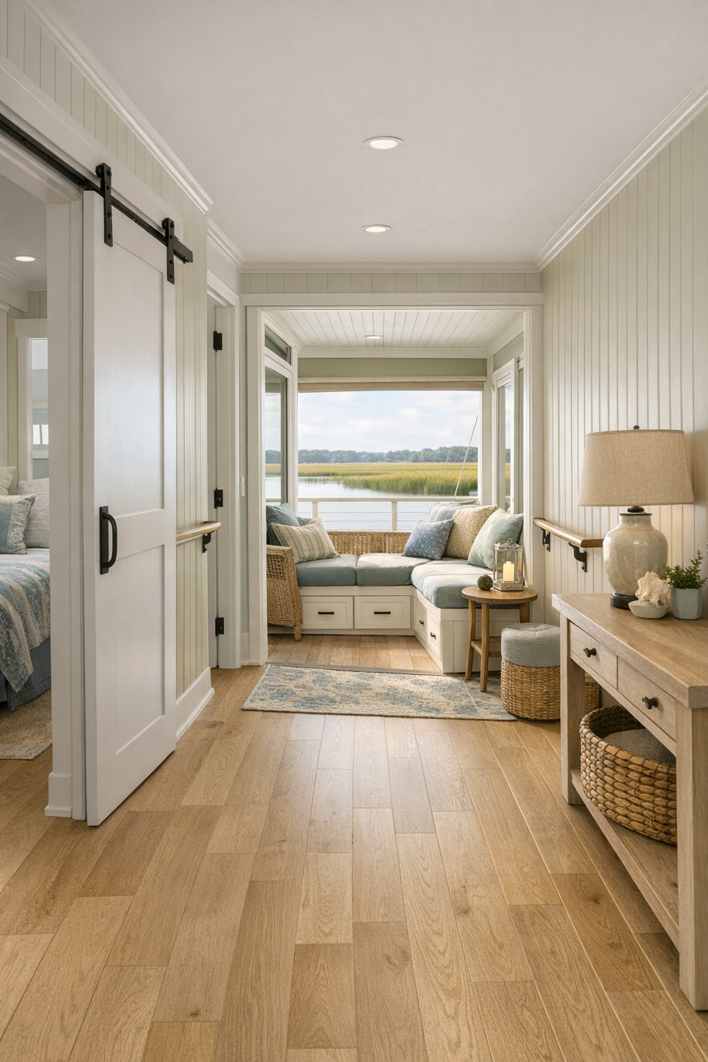 Wide interior passage and covered deck nook with built-ins and coastal detailing