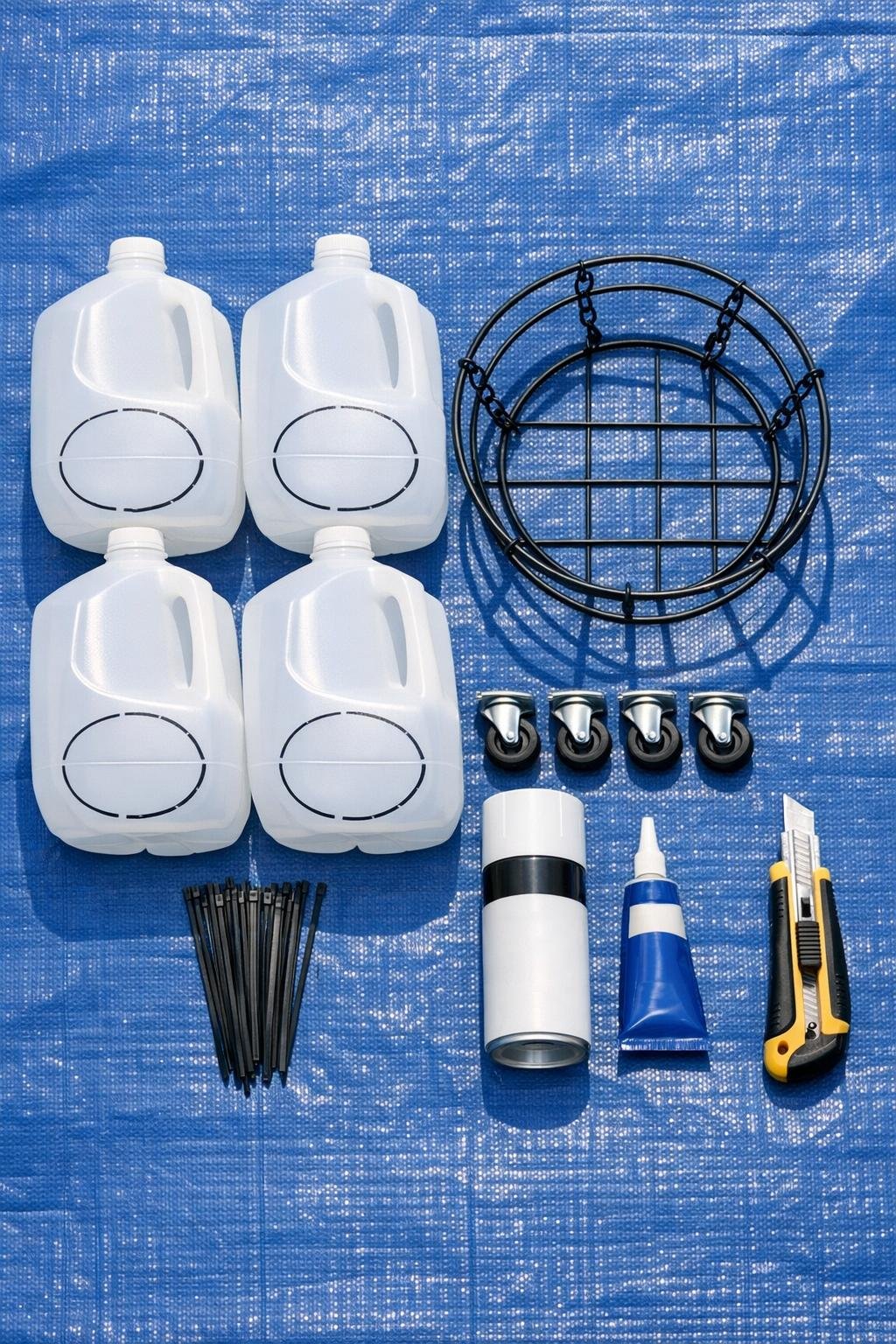 Materials laid out for the milk jug plant dolly project