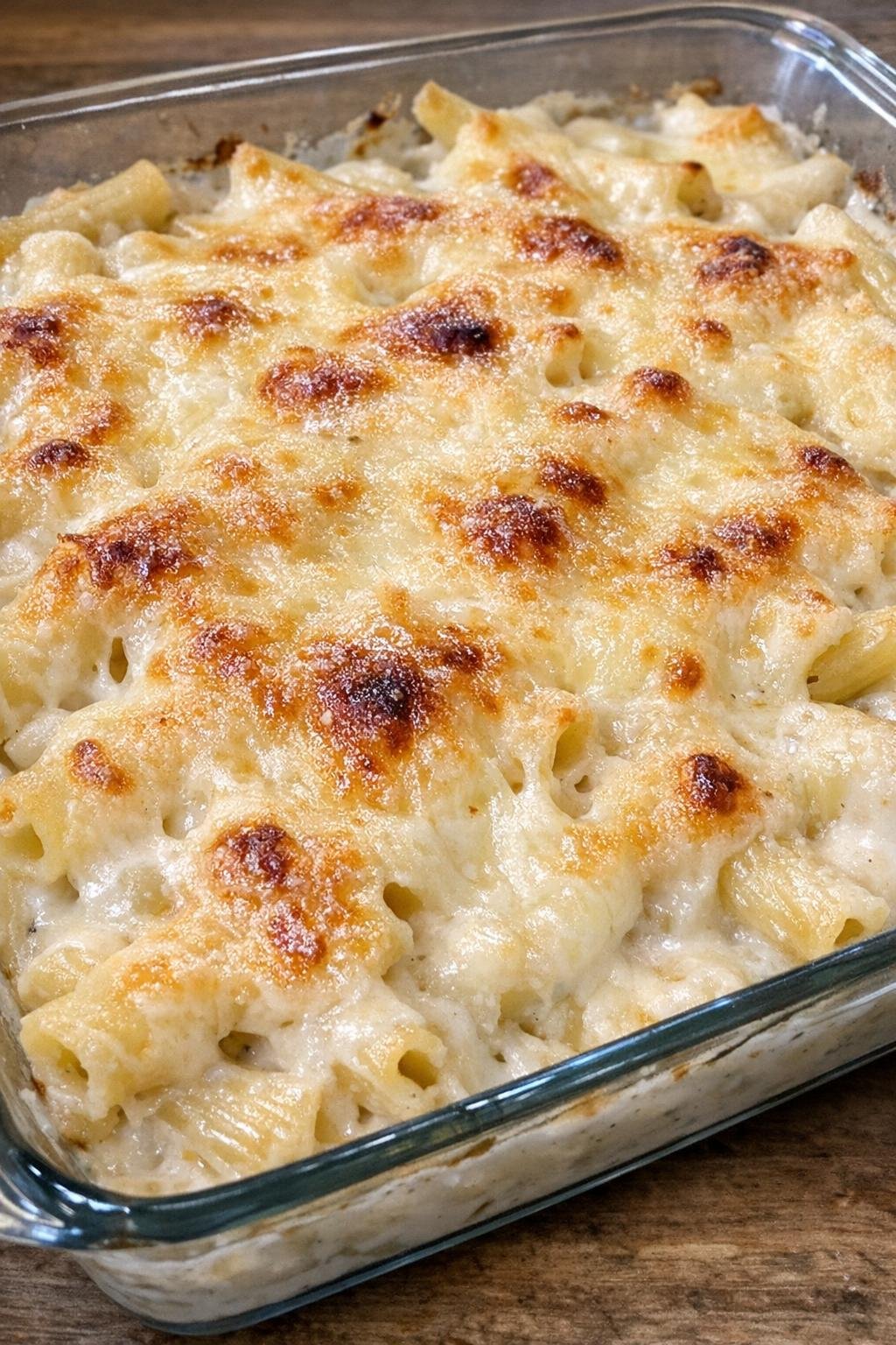 Baked ziti with melted Swiss cheese in a glass baking dish